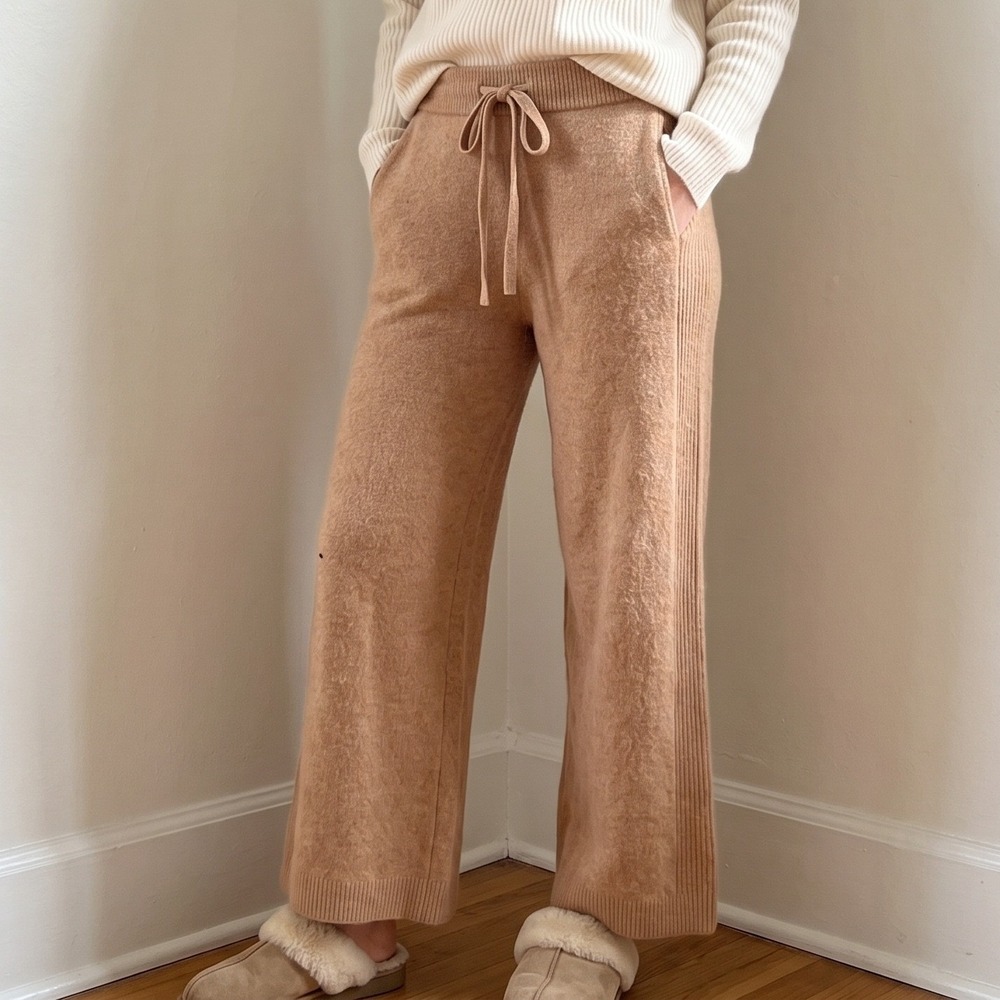Lou & Grey Womens Pants Large Tan 100% Cashmere Wide Leg Drawstring FLAWED